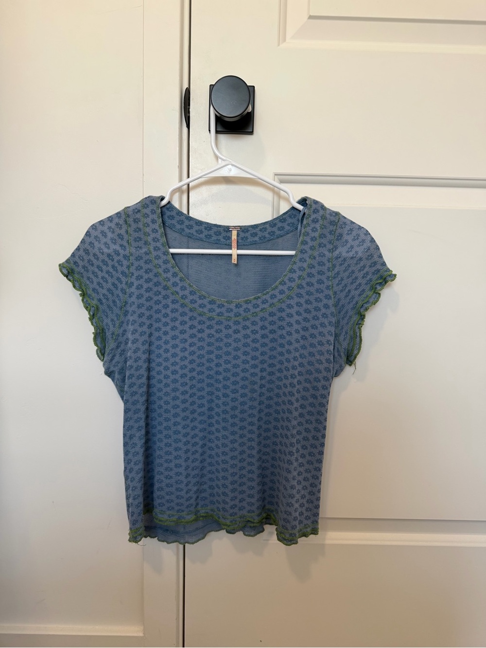 Free People Blue Short Sleeve Scoop Neck Tee with Green Trim